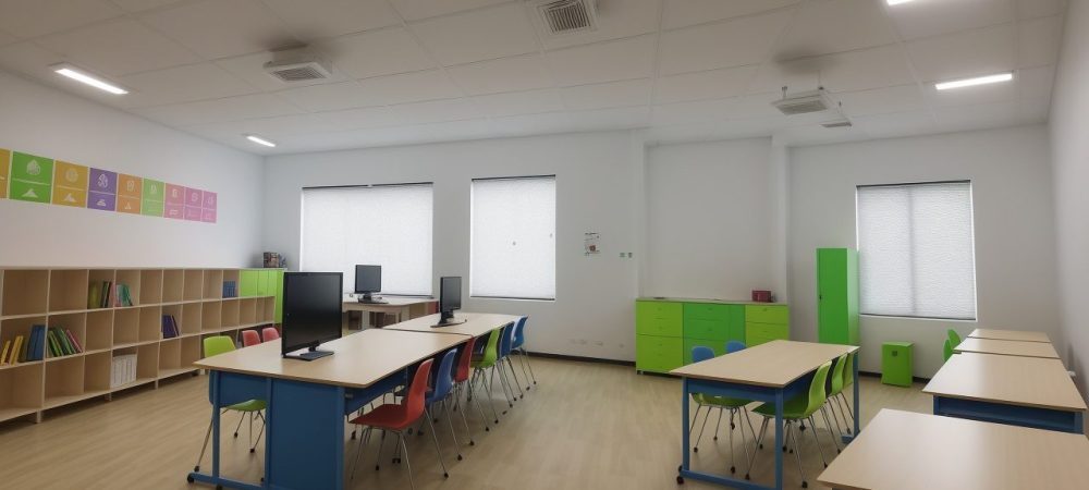 Alunos engajados em atividades de aprendizagem criativa e cultura maker em uma sala de aula inovadora.