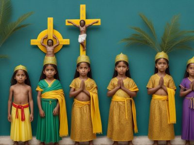 Representação visual da cultura religiosa no Brasil, mostrando elementos do cristianismo, budismo e sincretismo religioso, com foco em estudos da religião.