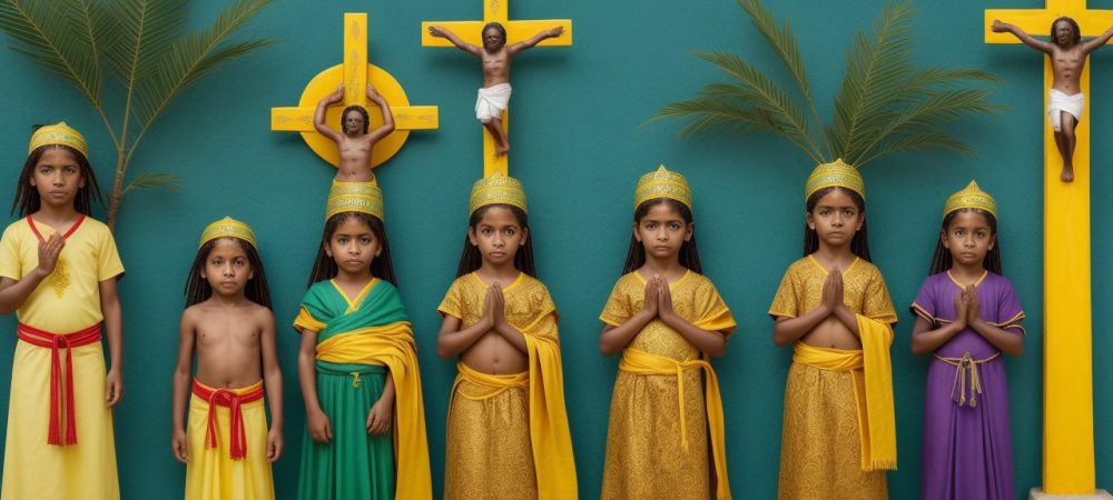 Representação visual da cultura religiosa no Brasil, mostrando elementos do cristianismo, budismo e sincretismo religioso, com foco em estudos da religião.