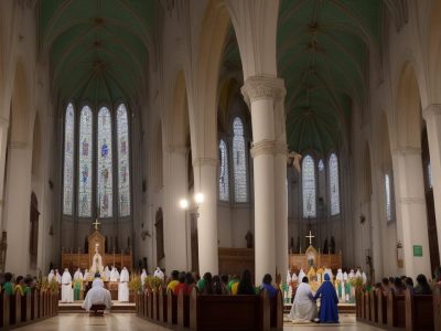 Diversidade da cultura religiosa no Brasil representada por rituais, símbolos e crenças, com foco no cristianismo e budismo.