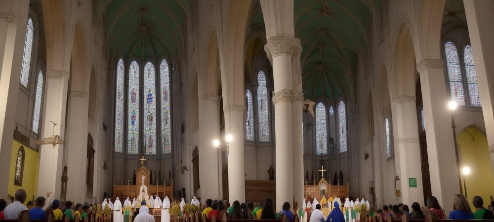 Diversidade da cultura religiosa no Brasil representada por rituais, símbolos e crenças, com foco no cristianismo e budismo.