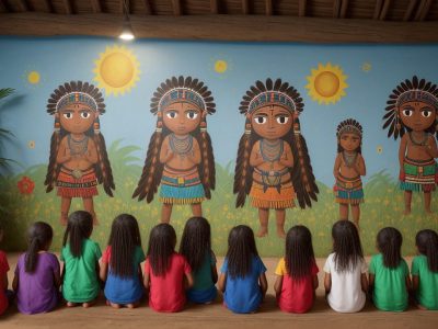 Crianças aprendendo sobre culturas indígenas em sala de aula, com foco em tradições e línguas indígenas
