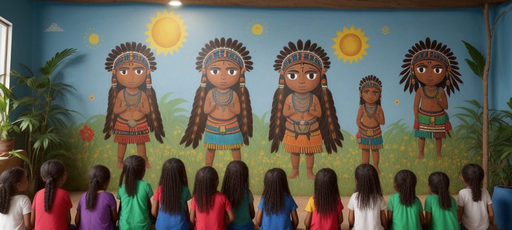 Crianças aprendendo sobre culturas indígenas em sala de aula, com foco em tradições e línguas indígenas