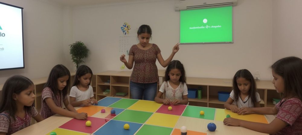 Professor e alunos envolvidos em metodologias ativas de ensino, explorando o currículo de matemática de forma dinâmica e colaborativa.
