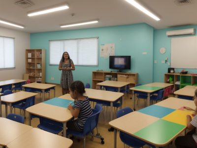 Professora guiando crianças em atividades com múltiplas linguagens, aplicando a BNCC na educação infantil