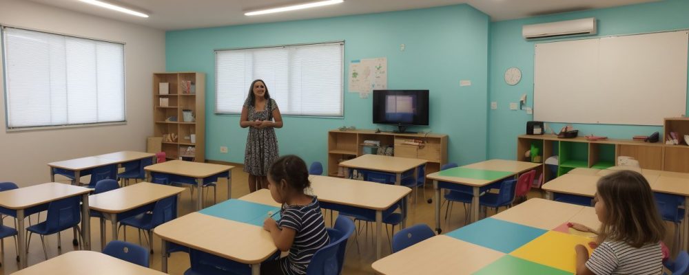 Professora guiando crianças em atividades com múltiplas linguagens, aplicando a BNCC na educação infantil