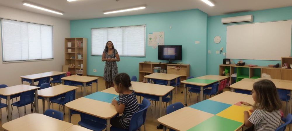Professora guiando crianças em atividades com múltiplas linguagens, aplicando a BNCC na educação infantil