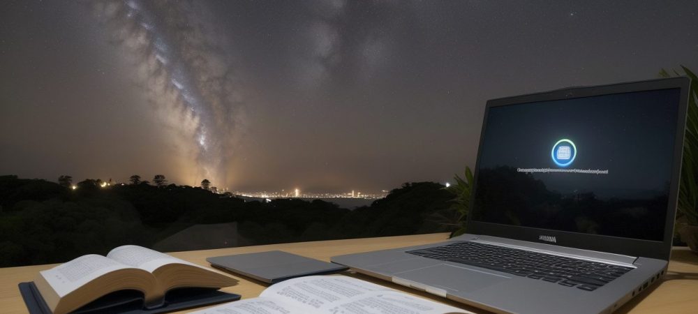 Estudantes estudando direito de família online, com laptop e livros, simbolizando aprendizado flexível e desenvolvimento profissional.