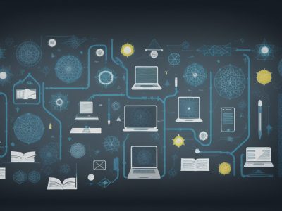 Ilustração de um curso online de docência, mostrando práticas educativas e oportunidades para servidores públicos.