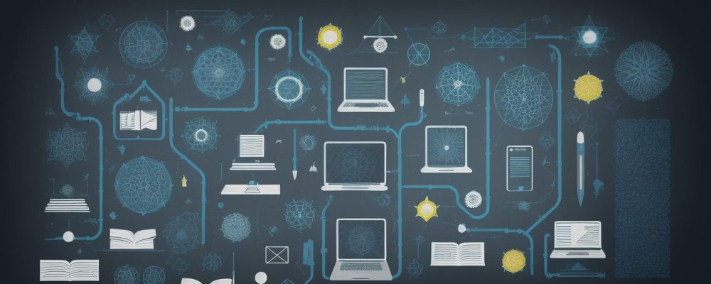 Ilustração de um curso online de docência, mostrando práticas educativas e oportunidades para servidores públicos.