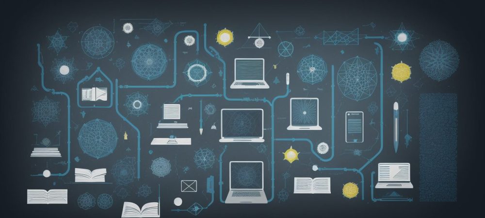 Ilustração de um curso online de docência, mostrando práticas educativas e oportunidades para servidores públicos.