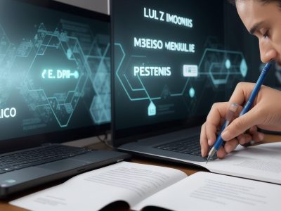 Profissional estudando em curso online de LGPD, com elementos visuais sobre proteção de dados e compliance.