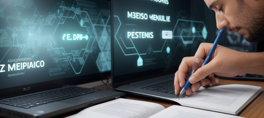 Profissional estudando em curso online de LGPD, com elementos visuais sobre proteção de dados e compliance.