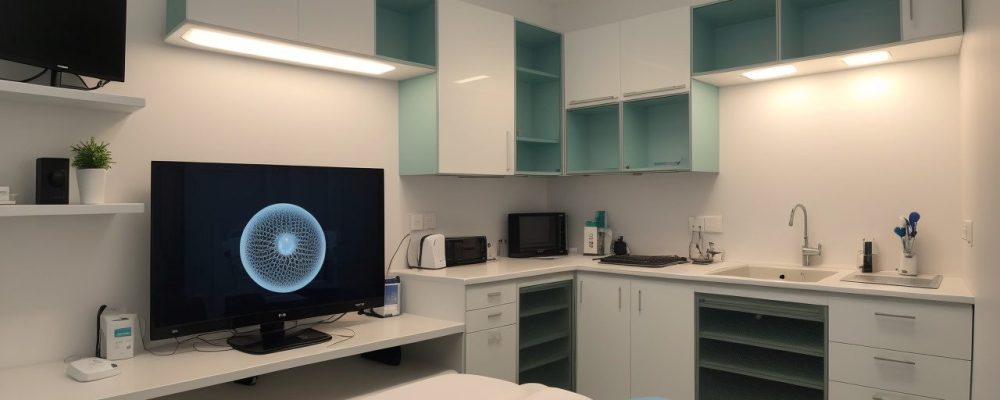 Um profissional de odontologia estudando a NR 32 em um ambiente de trabalho odontológico, com equipamentos e ferramentas.