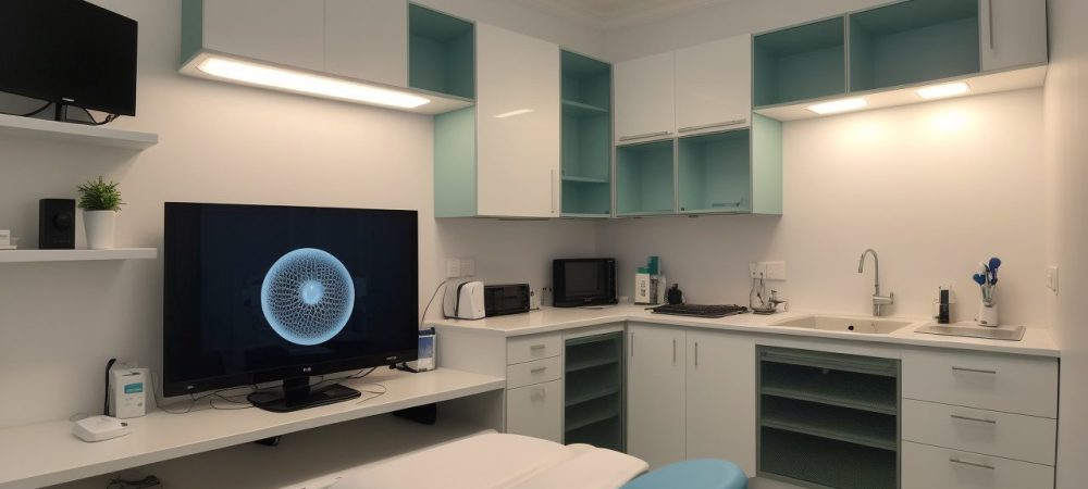 Um profissional de odontologia estudando a NR 32 em um ambiente de trabalho odontológico, com equipamentos e ferramentas.