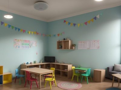 Alunos e professora em sala de aula, utilizando recursos de atendimento educacional especializado (AEE) em um ambiente de educação inclusiva.