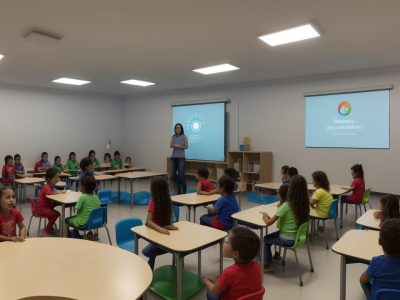 Crianças envolvidas em atividades lúdicas em sala de aula, com foco em um curso online de alfabetização, demonstrando aprendizado divertido.