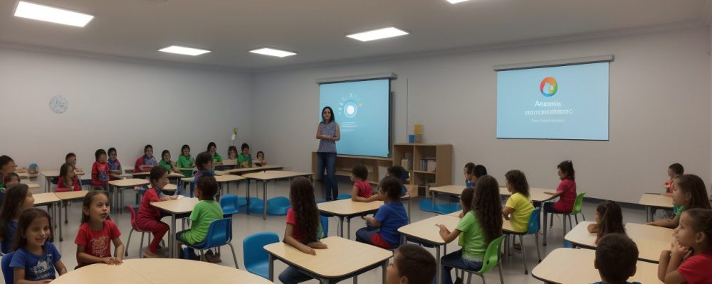 Crianças envolvidas em atividades lúdicas em sala de aula, com foco em um curso online de alfabetização, demonstrando aprendizado divertido.