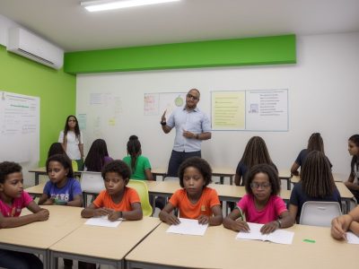 Professores e alunos engajados em atividades sobre prevenção de bullying escolar em ambiente acolhedor.