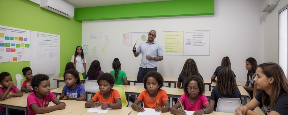 Professores e alunos engajados em atividades sobre prevenção de bullying escolar em ambiente acolhedor.