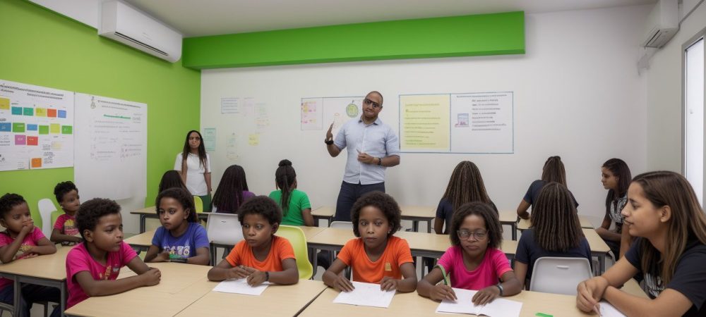 Professores e alunos engajados em atividades sobre prevenção de bullying escolar em ambiente acolhedor.