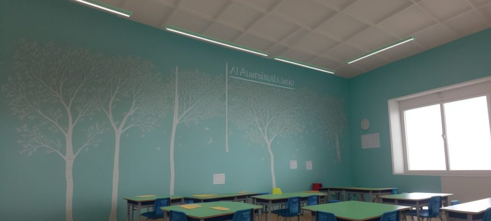 Imagem de um educador aplicando o currículo em ação em sala de aula, com alunos engajados e ferramentas de ensino modernas.