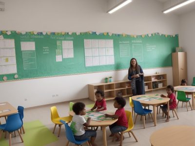 Professora orientando alunos em atividades para deficiência intelectual, utilizando materiais adaptados e promovendo inclusão.