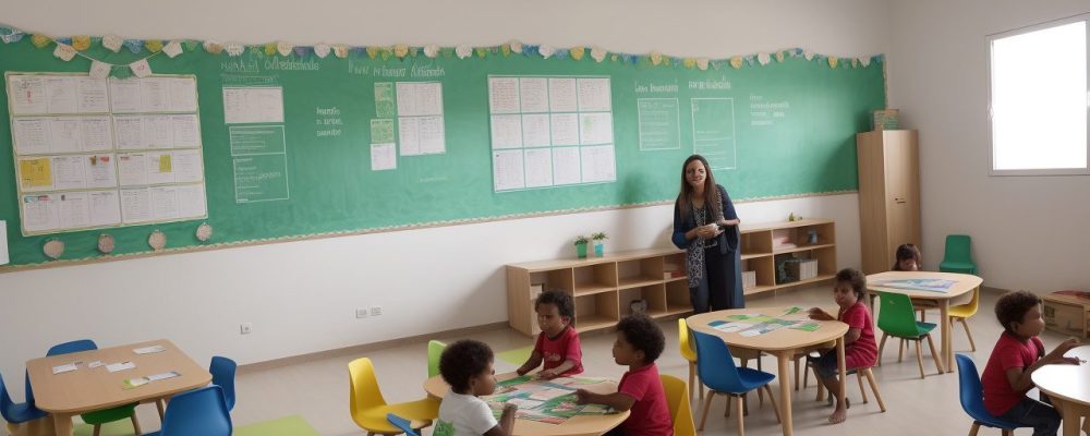 Professora orientando alunos em atividades para deficiência intelectual, utilizando materiais adaptados e promovendo inclusão.