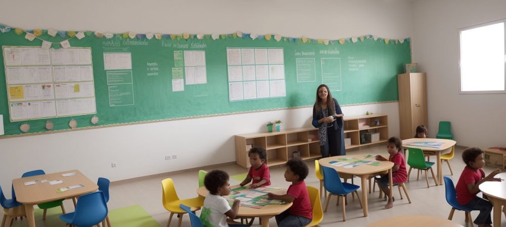 Professora orientando alunos em atividades para deficiência intelectual, utilizando materiais adaptados e promovendo inclusão.