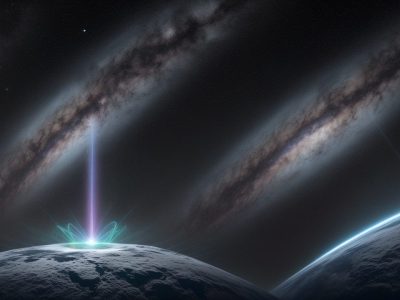 Representação visual de um curso online de física moderna, com foco em teoria da relatividade e mecânica quântica, mostrando aplicações e oportunidades de carreira.