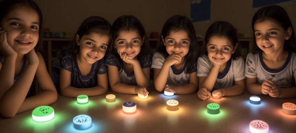 Alunos e professor interagindo em sala de aula com recursos visuais e Libras para inclusão escolar surdez