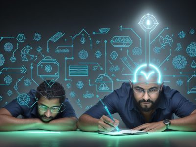 Representação visual de um servidor público otimizando sua jornada de trabalho e carreira com um curso online