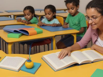 Professor utilizando metodologias de ensino de inglês interativas e recursos gratuitos para ensinar inglês para crianças de forma divertida e efetiva em sala de aula.