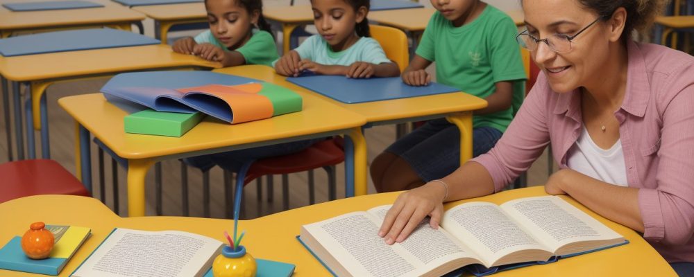 Professor utilizando metodologias de ensino de inglês interativas e recursos gratuitos para ensinar inglês para crianças de forma divertida e efetiva em sala de aula.
