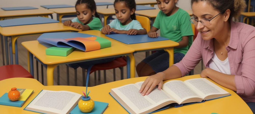 Professor utilizando metodologias de ensino de inglês interativas e recursos gratuitos para ensinar inglês para crianças de forma divertida e efetiva em sala de aula.