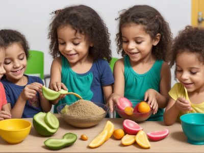 Crianças aprendendo sobre nutrição e alimentos saudáveis em aula de curso online