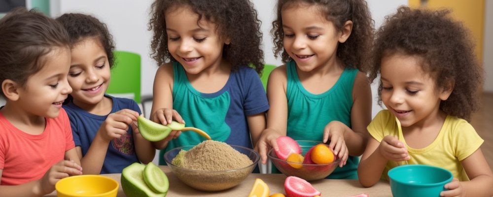 Crianças aprendendo sobre nutrição e alimentos saudáveis em aula de curso online