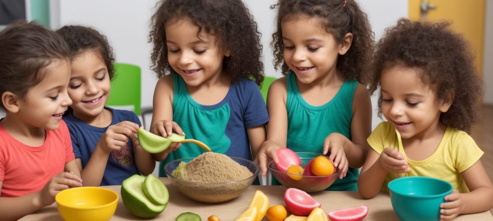 Crianças aprendendo sobre nutrição e alimentos saudáveis em aula de curso online