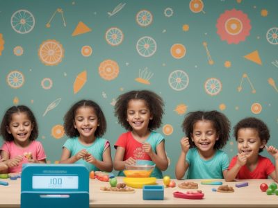 Crianças felizes participando de atividades lúdicas e aprendendo sobre alimentação saudável em um curso online de obesidade infantil