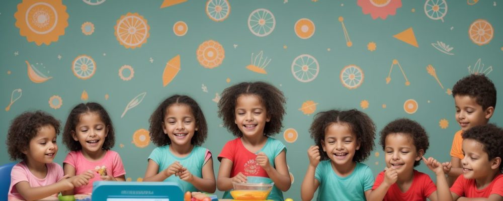 Crianças felizes participando de atividades lúdicas e aprendendo sobre alimentação saudável em um curso online de obesidade infantil