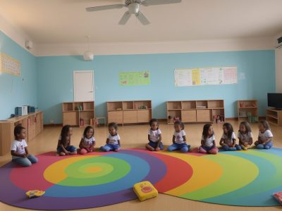 Crianças em uma sala de aula utilizando métodos lúdicos e interativos em um curso online de alfabetização.