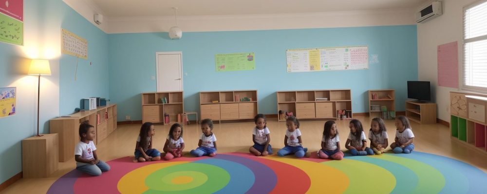 Crianças em uma sala de aula utilizando métodos lúdicos e interativos em um curso online de alfabetização.