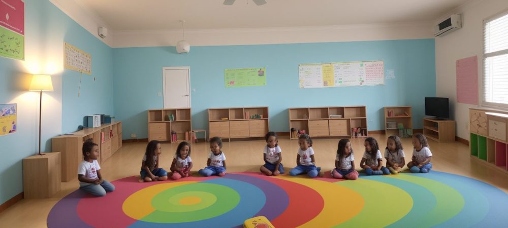 Crianças em uma sala de aula utilizando métodos lúdicos e interativos em um curso online de alfabetização.