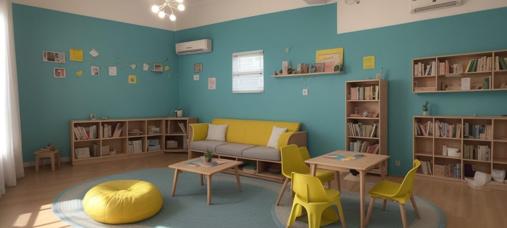 Sala de aula interativa com alunos em atividade de leitura e escrita com foco em alfabetização e letramento.