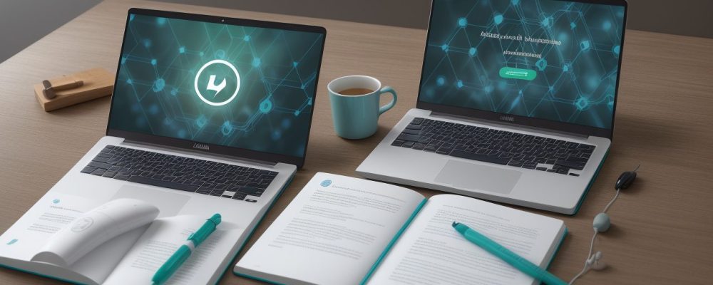 Alunos estudando em um curso online de biomedicina, com interface de curso aberta e livros sobre a mesa, representando aprendizado e oportunidade.