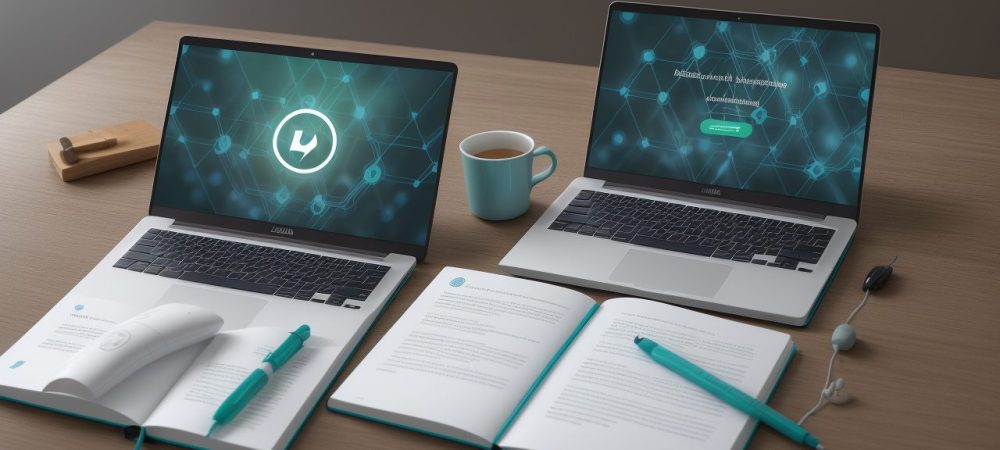 Alunos estudando em um curso online de biomedicina, com interface de curso aberta e livros sobre a mesa, representando aprendizado e oportunidade.