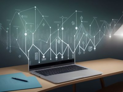 Ilustração de pessoas estudando contabilidade básica com gráficos financeiros e um curso online em um ambiente moderno e acolhedor.