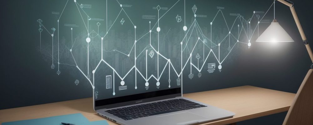 Ilustração de pessoas estudando contabilidade básica com gráficos financeiros e um curso online em um ambiente moderno e acolhedor.