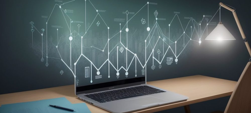 Ilustração de pessoas estudando contabilidade básica com gráficos financeiros e um curso online em um ambiente moderno e acolhedor.