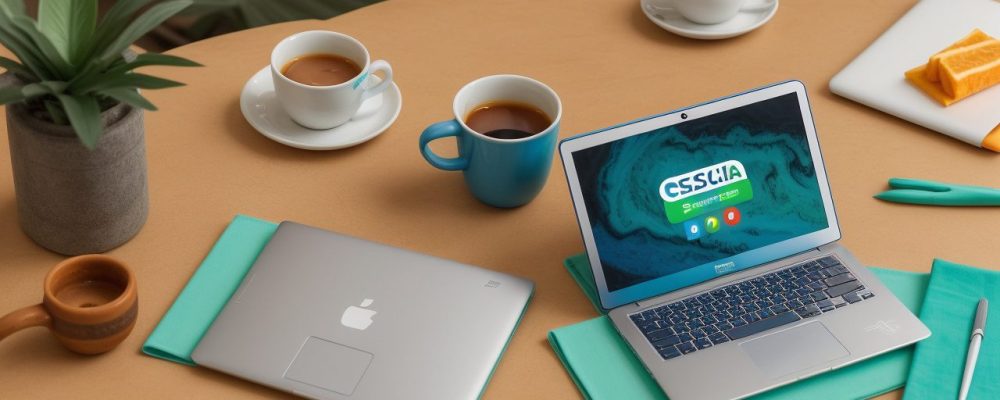 Imagem de um profissional acessando um curso online de cultura digital e redes sociais em seu notebook, com gráficos de redes sociais e crescimento de carreira ao fundo.